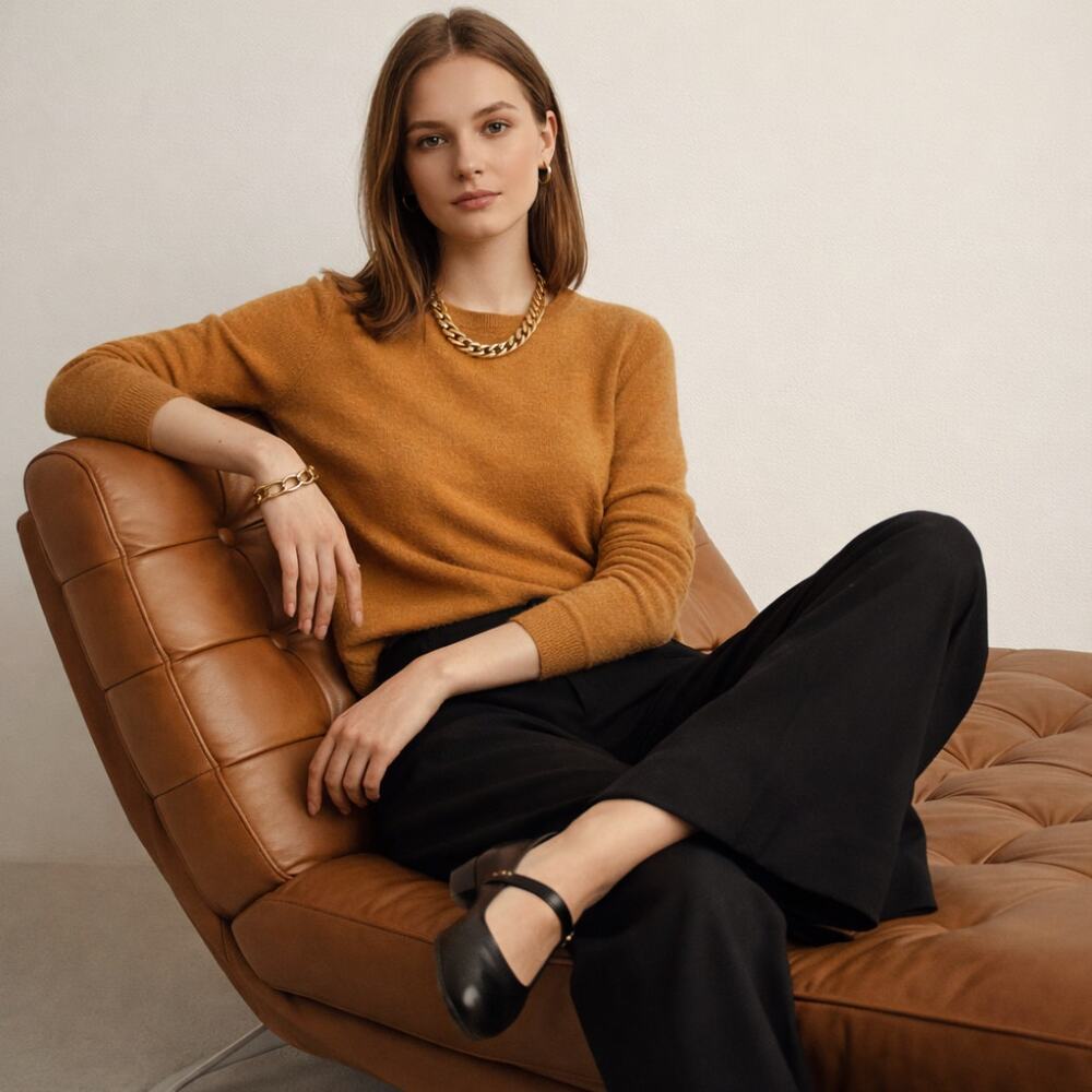 TAHARI 100% Cashmere Crewneck Sweater Golden Tan Mustard Sz L $115 {PP10}
